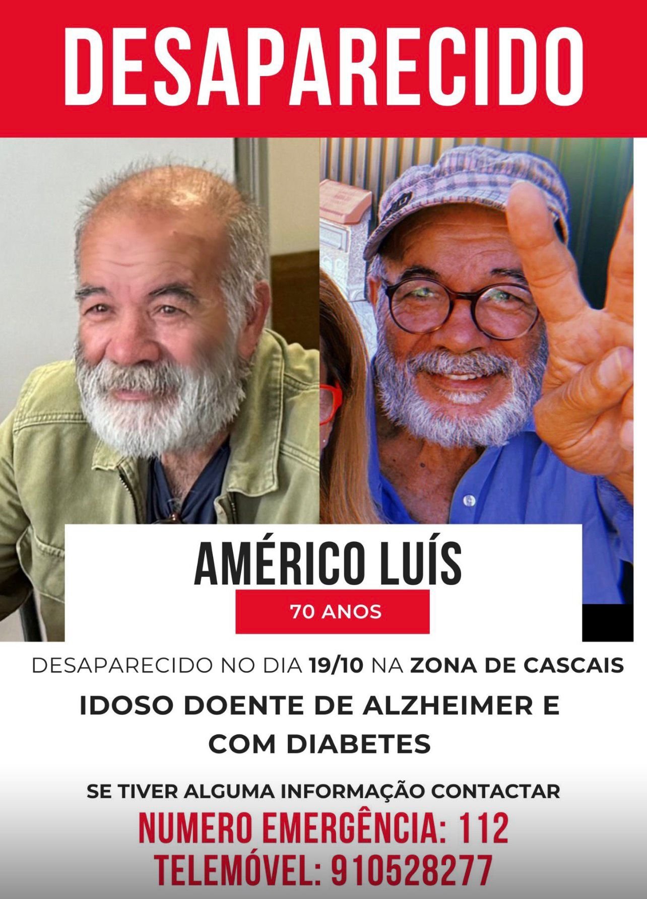 PROCURA-SE idoso desaparecido do Cobre que sofre de alzheimer